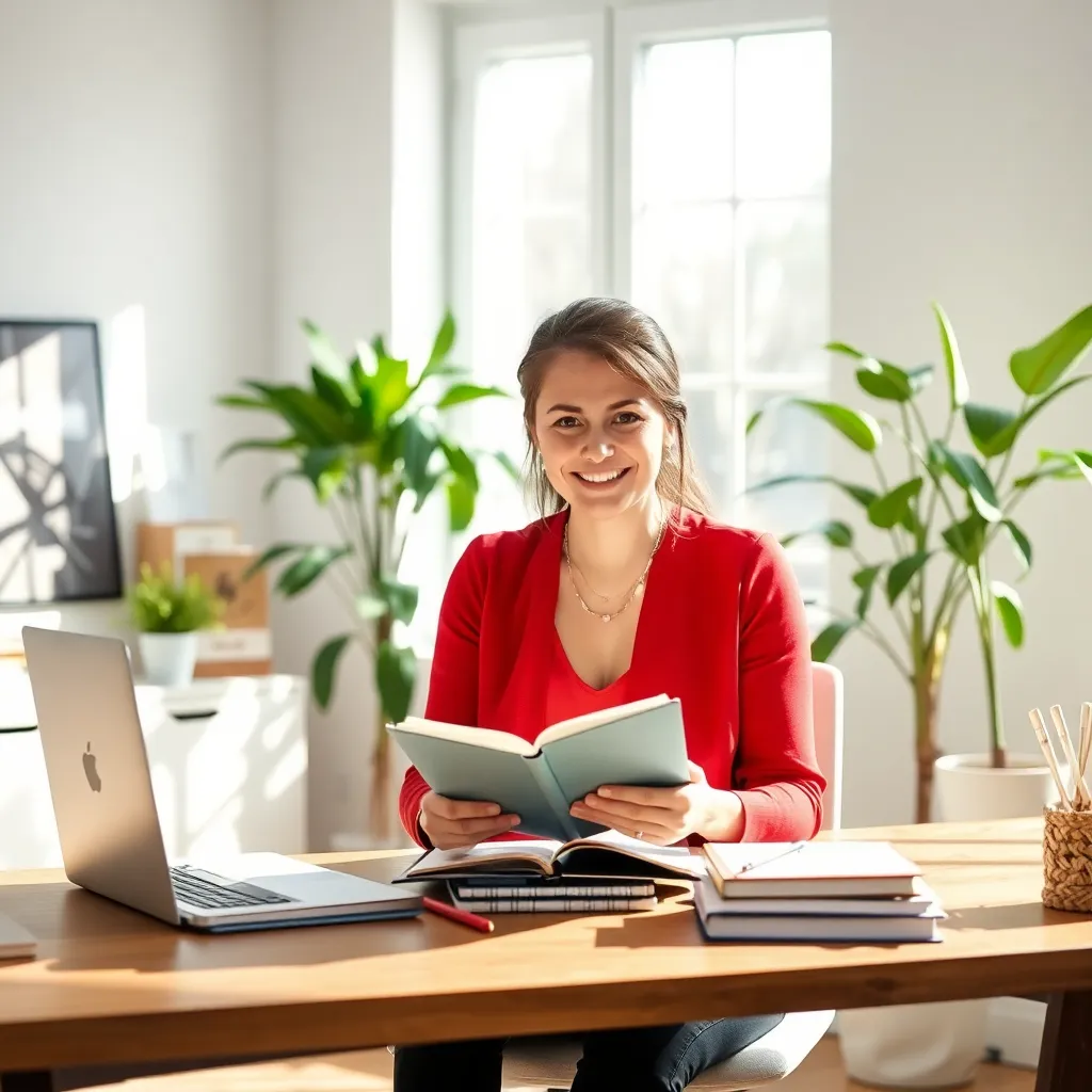 Woman smiling at a sunlit home office desk with an open notebook and a laptop, illustrating how to start journaling