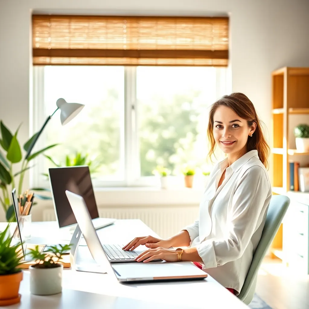 Woman working at a laptop by a window in a plant-filled home office, illustrating frugal living tips