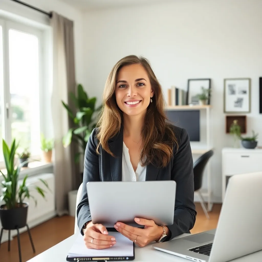 Woman standing with a laptop in a bright home office, illustrating how to start investing with no money
