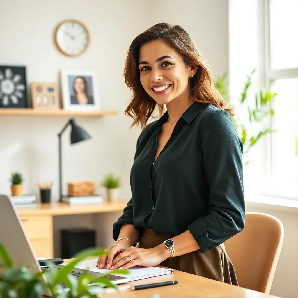 Smiling woman beside a desk in a sunlit home office, illustrating how to pay off debt with the snowball method