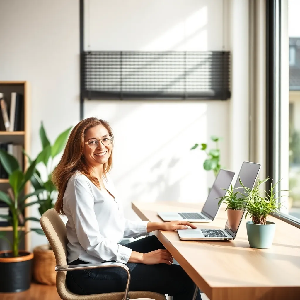 Woman working at a laptop in a bright plant-filled home office, illustrating passive income ideas for beginners