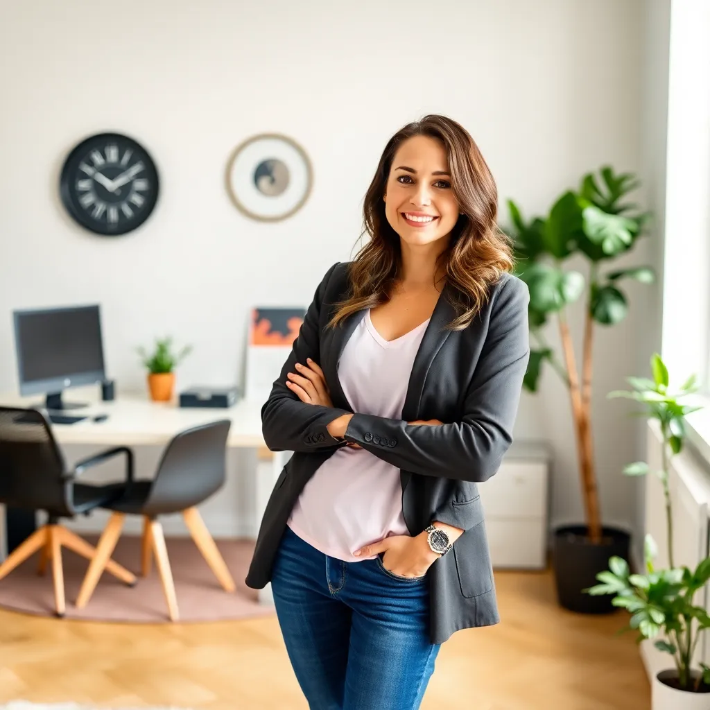 Woman standing with folded arms in a sunlit home office, illustrating the 50/30/20 budget rule