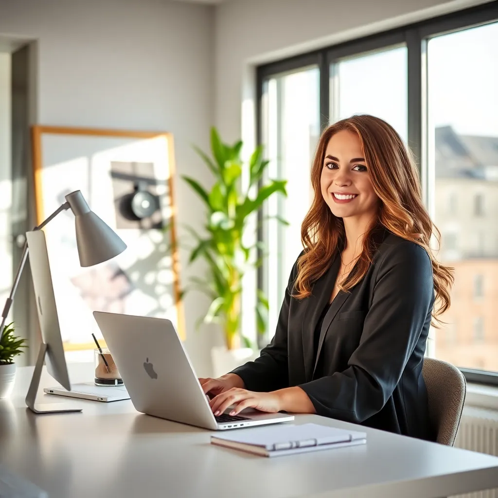 Woman typing at a laptop by a large window with a desk lamp, illustrating the best blogging tools