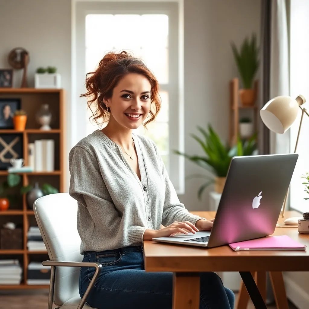Woman at a wooden desk with a laptop and a pink notebook, illustrating Pinterest strategies for blog traffic