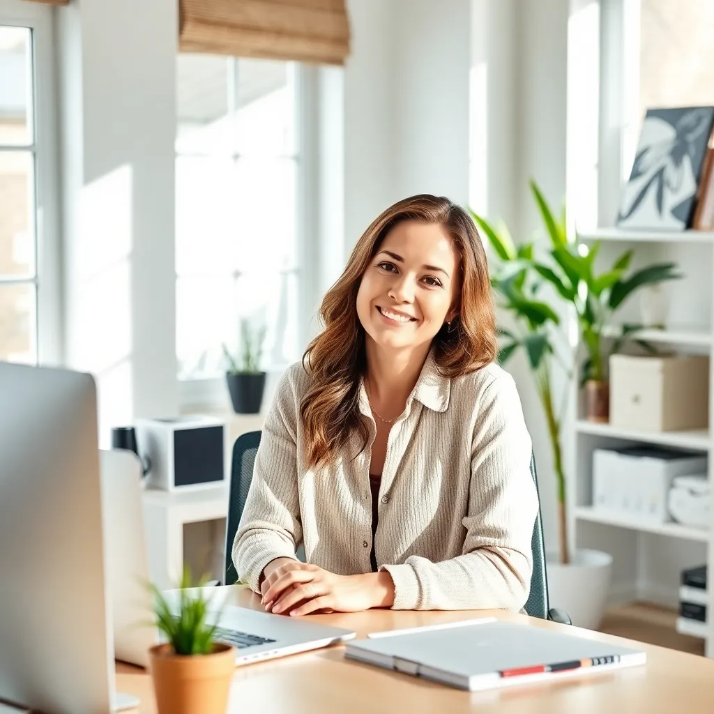 Woman smiling at a laptop in a bright home office, illustrating how to create a content calendar