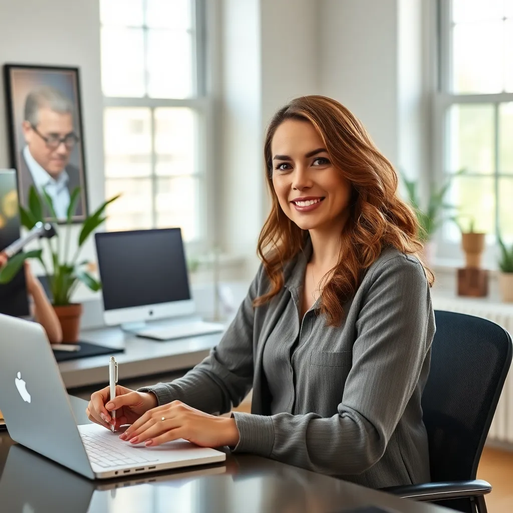 Woman writing beside a laptop and monitor in a bright office, illustrating how to write an About Me page