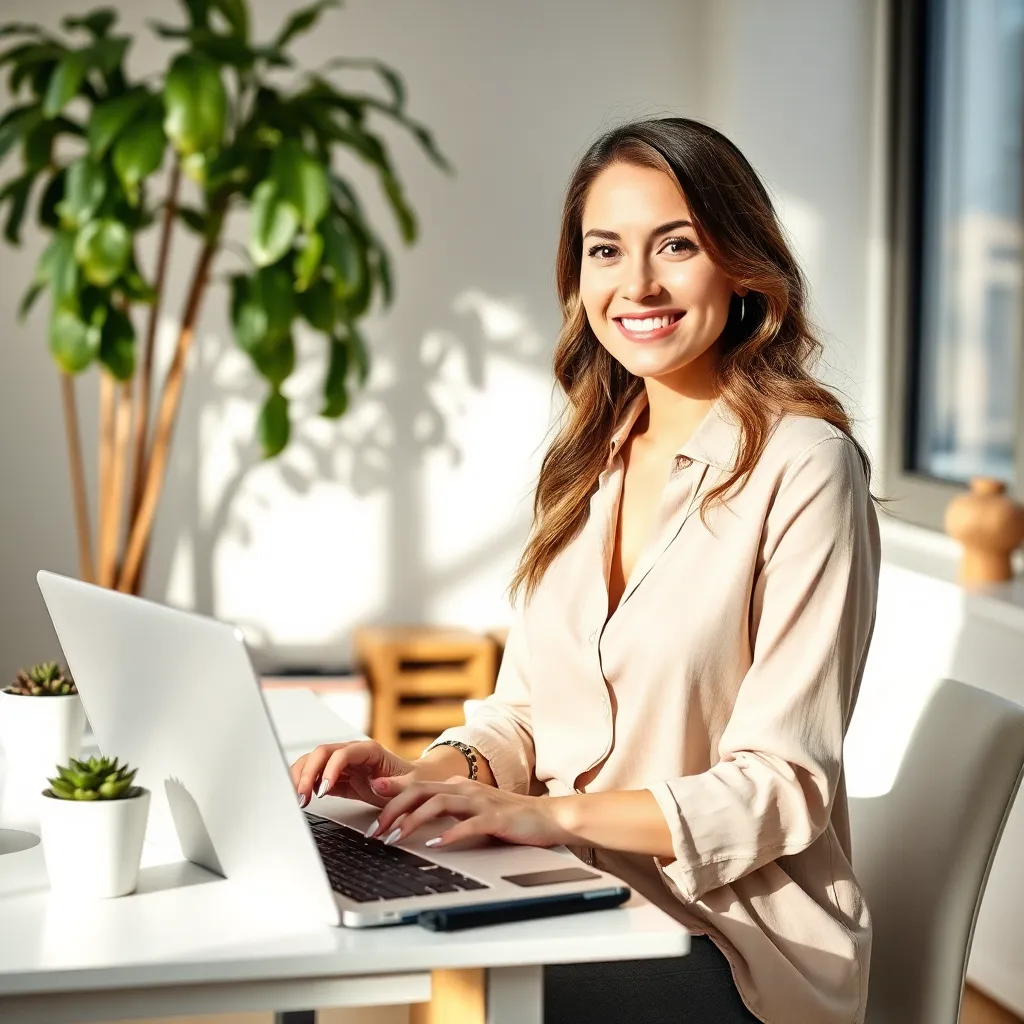 Smiling woman typing at a laptop with a large plant behind her, illustrating how to write blog posts that rank on Google