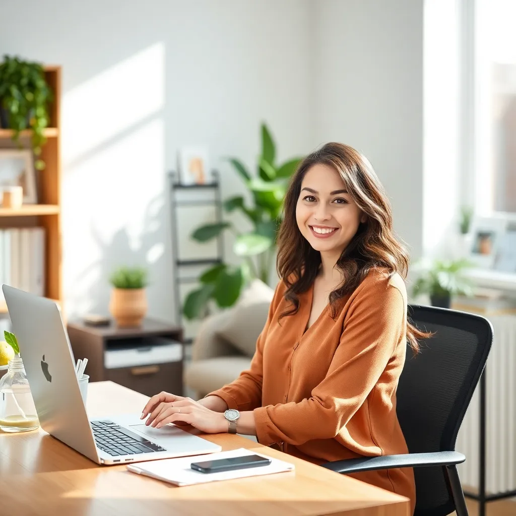 Woman at a laptop in a bright home office with shelves and plants, illustrating SEO for bloggers