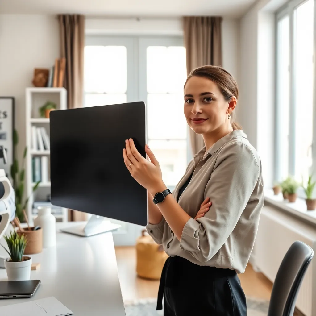 Woman standing beside a monitor in a bright home office, illustrating how to deal with failure without giving up