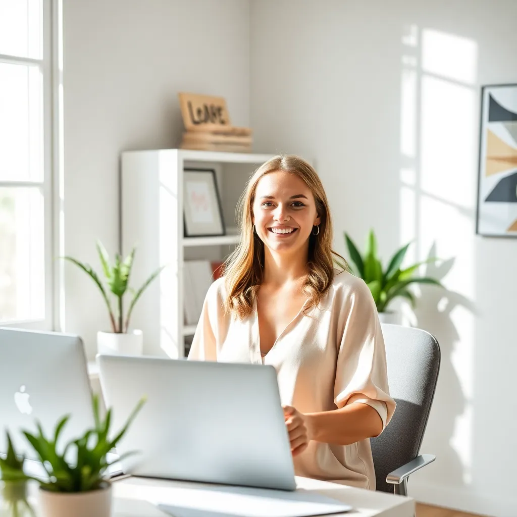 Woman smiling at a laptop between two houseplants in a sunlit room, illustrating a daily gratitude practice