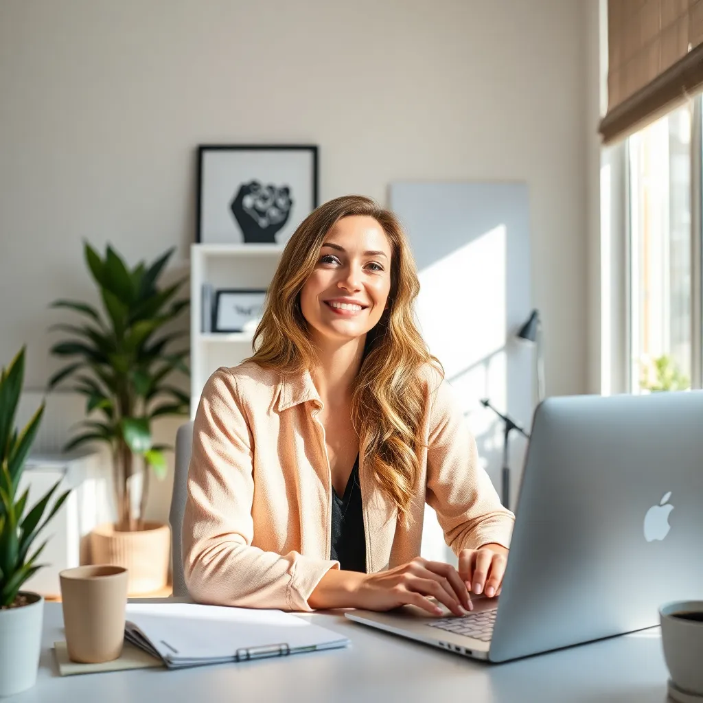 Woman working at a desk with a laptop and coffee in a bright office, illustrating how to use affirmations