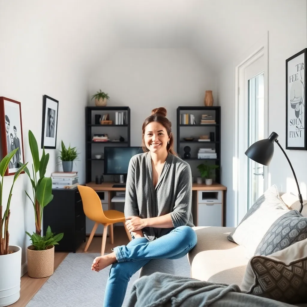 Woman sitting in a bright living room with shelves and plants, illustrating a capsule wardrobe on a budget