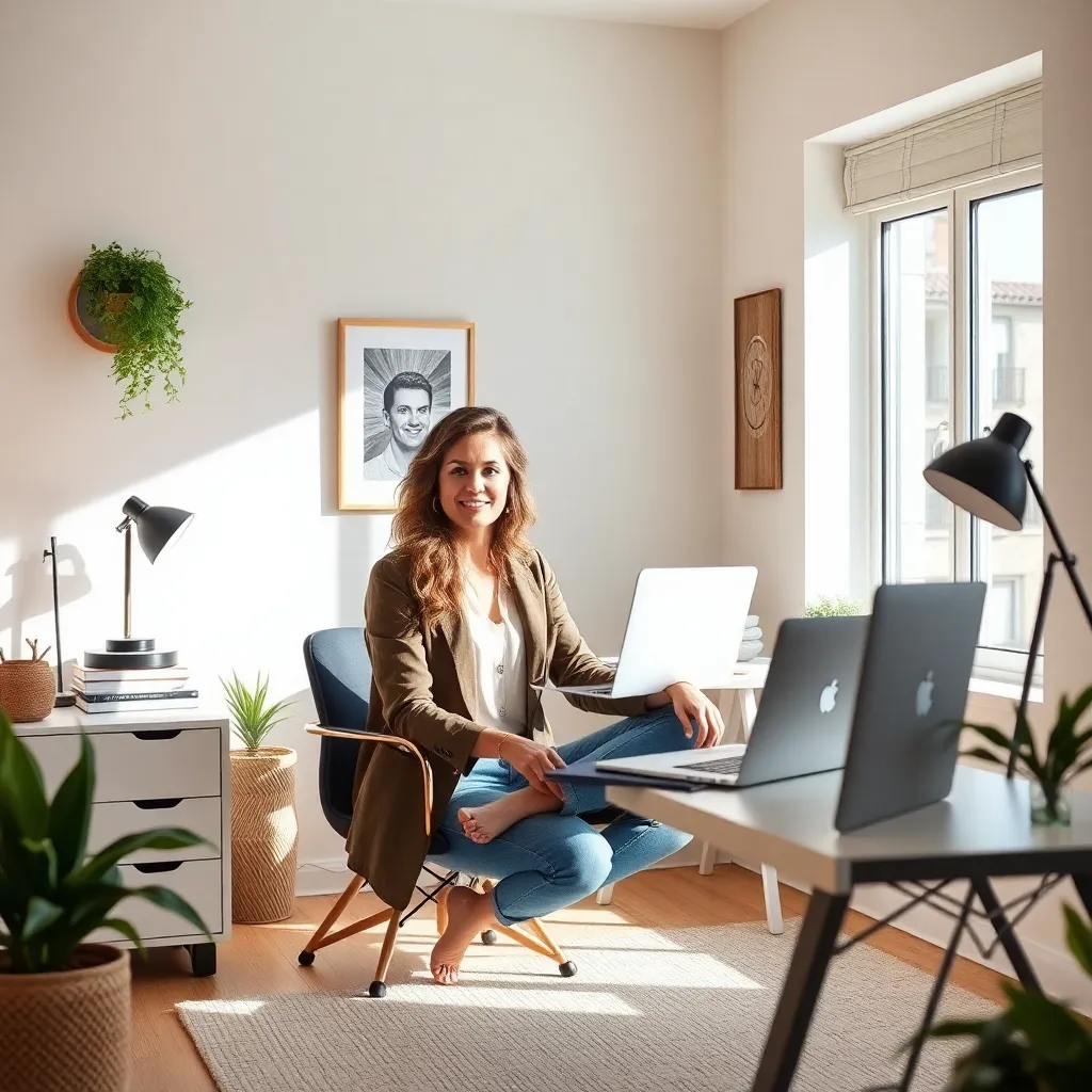 Woman sitting at a desk in a light-filled room with plants and framed art, illustrating a cozy home on a budget