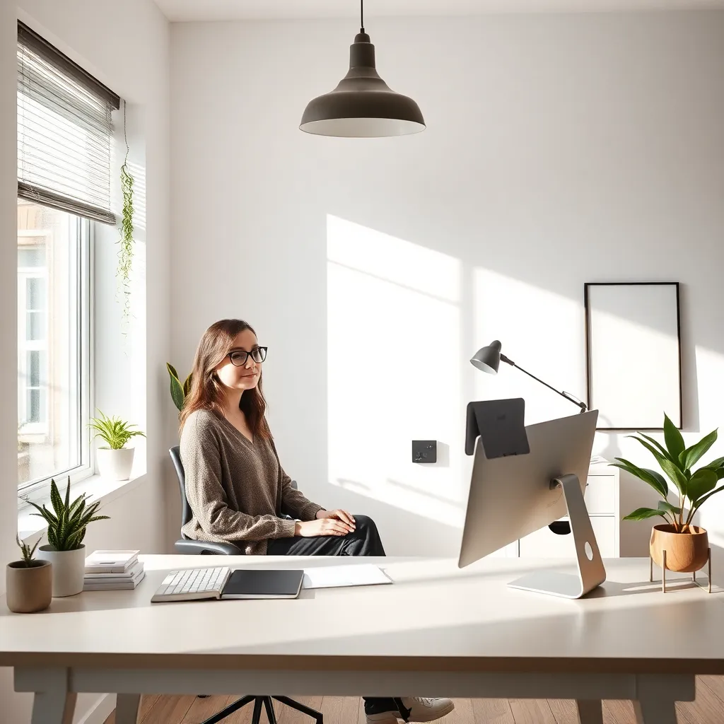 Woman working at a clean white desk under a pendant lamp by a window, illustrating a minimalist home