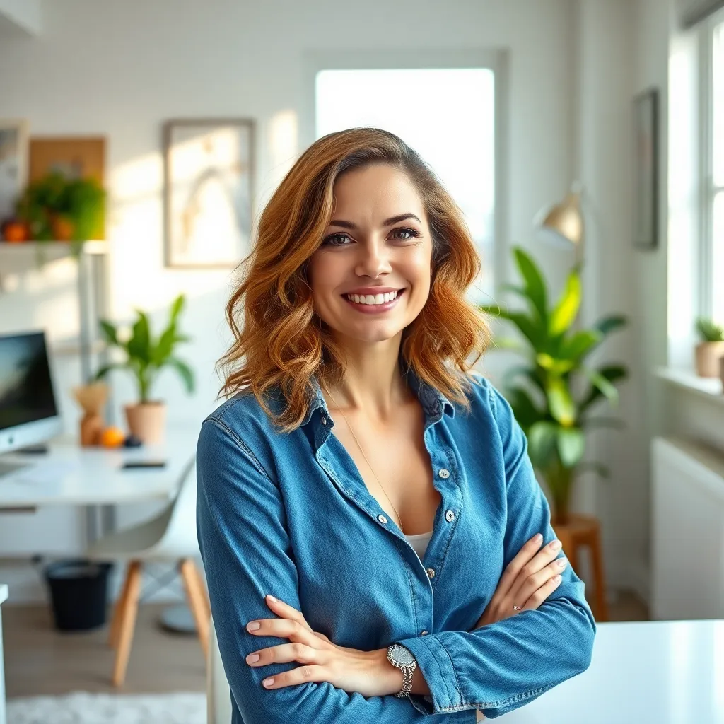 Smiling woman with folded arms in a bright home office with plants, illustrating a social media detox