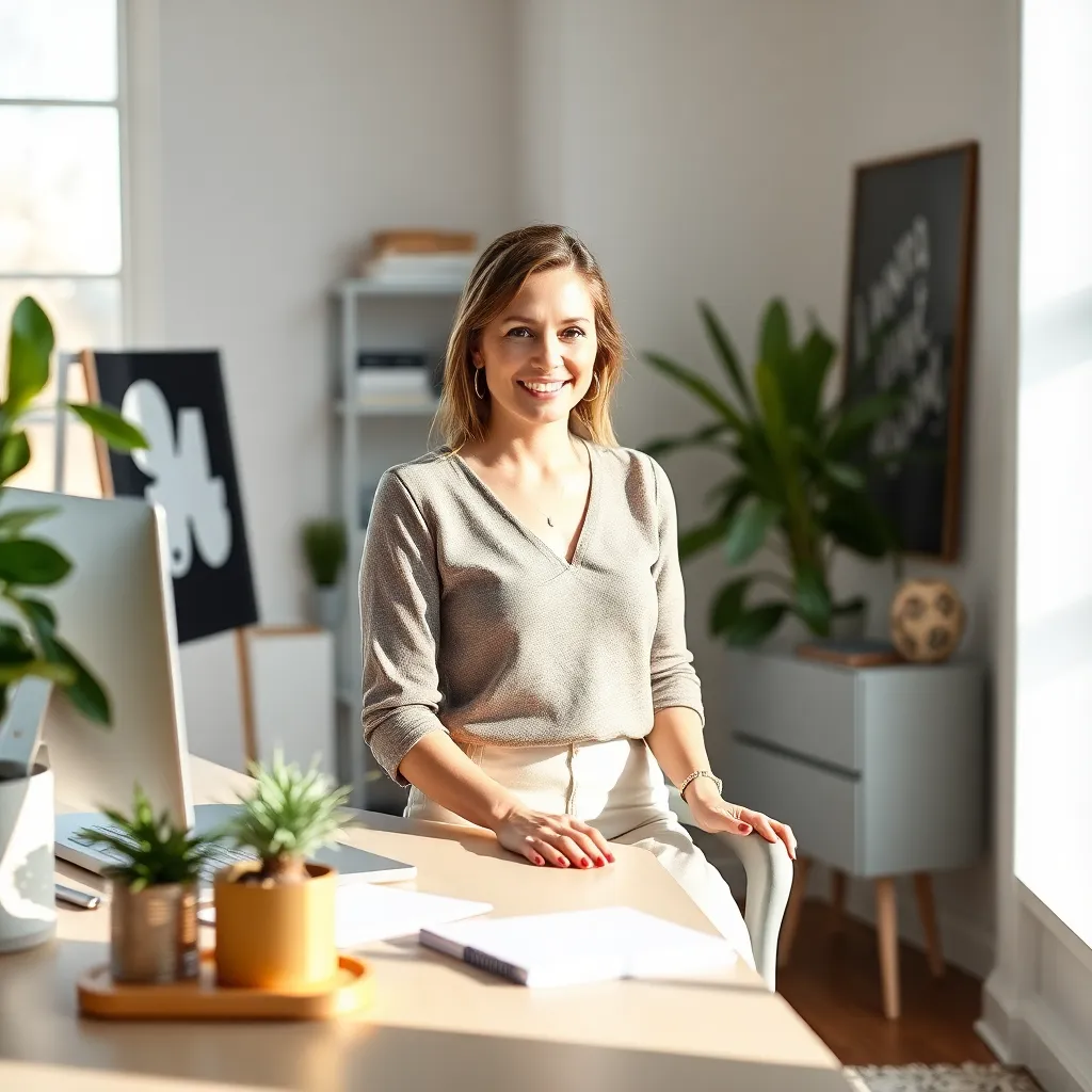 Woman leaning on a desk in a calm sunlit room with plants, illustrating how to live more intentionally