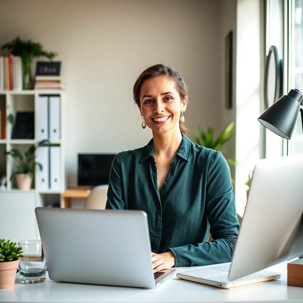 Woman smiling at a laptop in a bright airy office, illustrating strategies to conquer stress