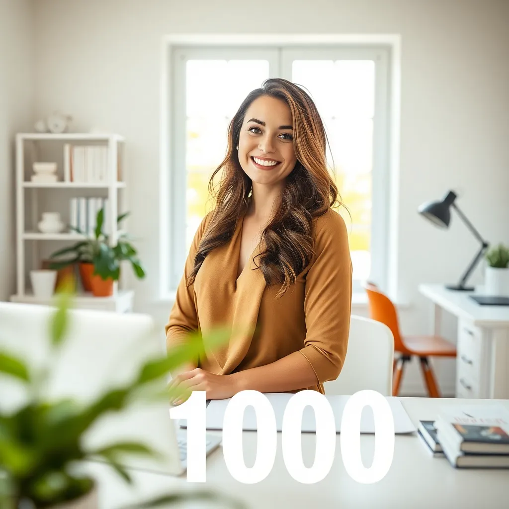 Woman standing in a sunlit room with the number 1000 in the foreground, illustrating how to save $1,000 in 30 days
