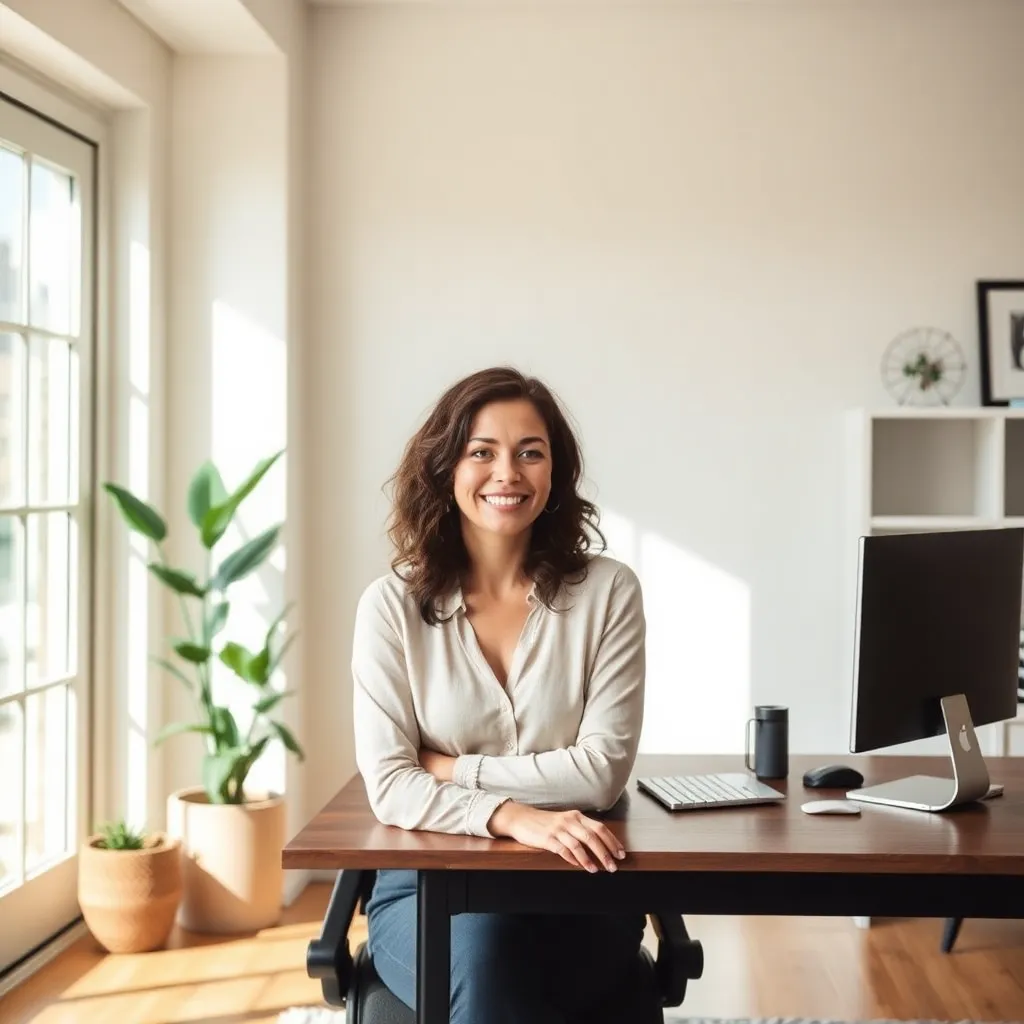 Woman standing at a desk by a window in a bright room, illustrating how to let go of the past and move forward