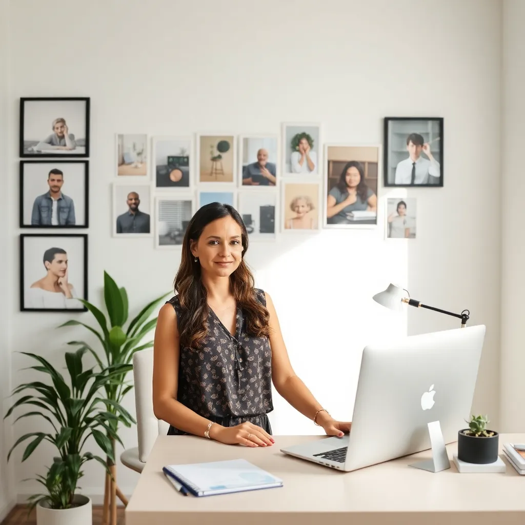 Woman at a desk beneath a wall of pinned photographs, illustrating vision board ideas