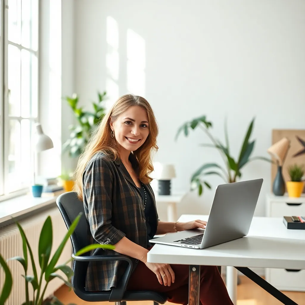 Woman working at a laptop by a window with plants, illustrating how to create a life you are excited to wake up to