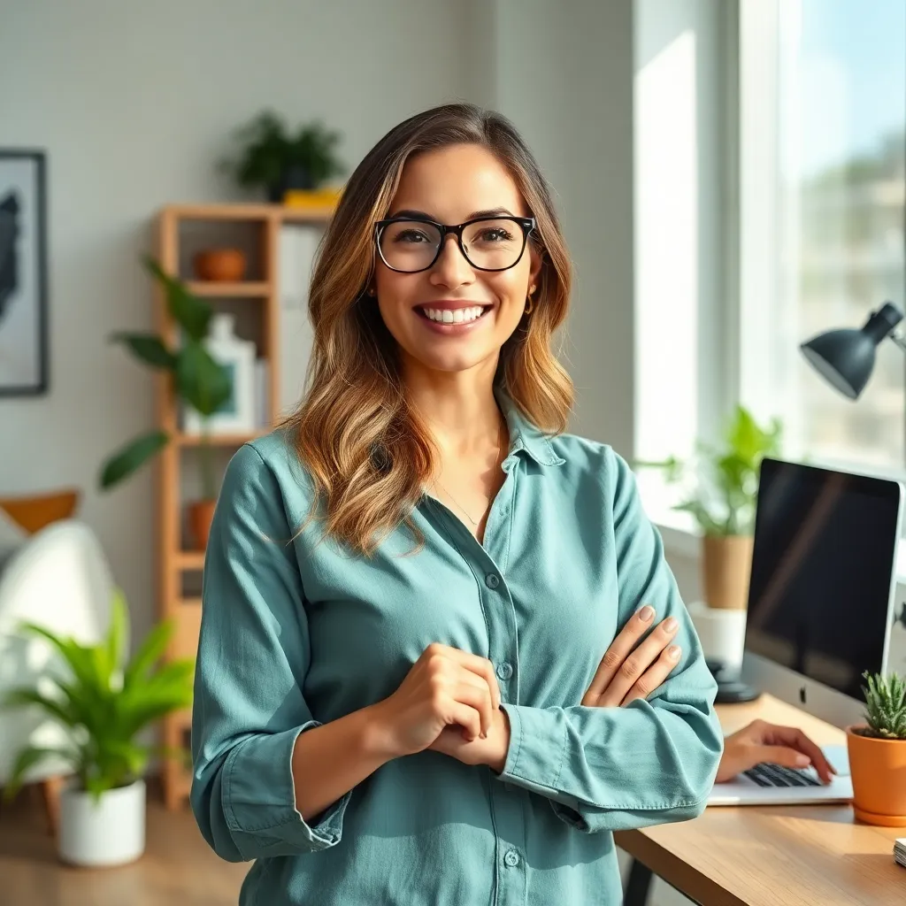 Smiling woman standing in a bright home office, illustrating how to build an emergency fund from nothing