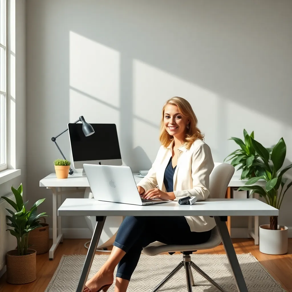 Woman working at a white desk in a sunlit minimalist office, illustrating how to be more productive