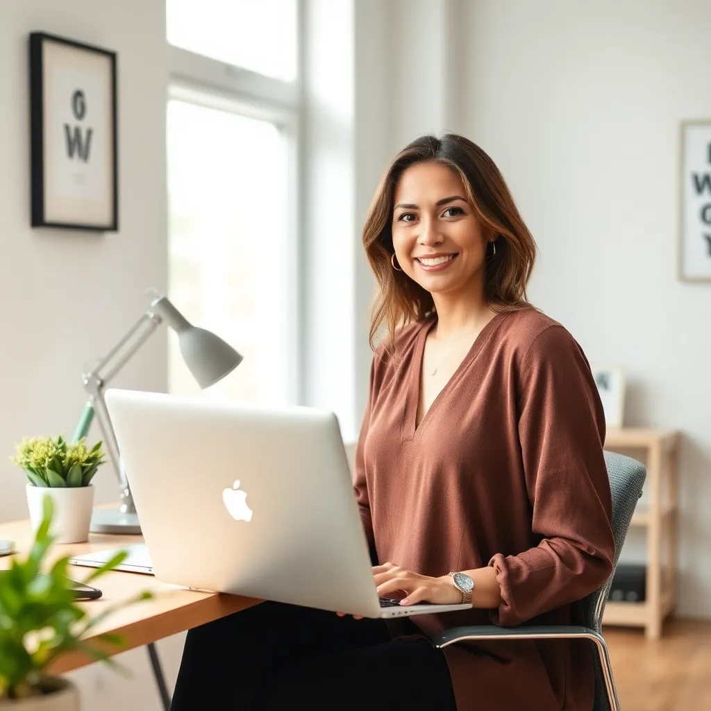 Woman standing beside a laptop in a bright home office, illustrating how to start a side hustle that replaces your income