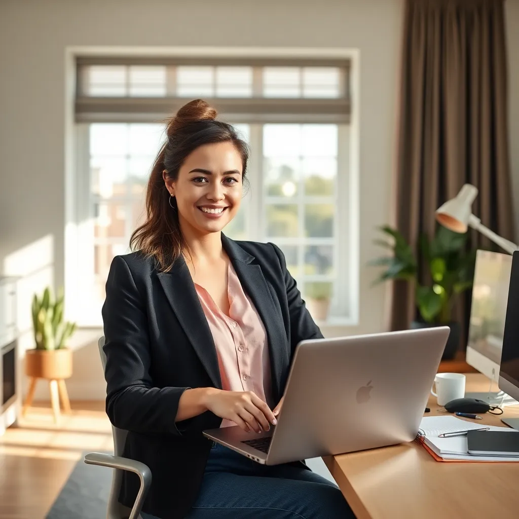 Woman in a blazer working at a laptop in a bright room, illustrating what financial freedom is and how to achieve it