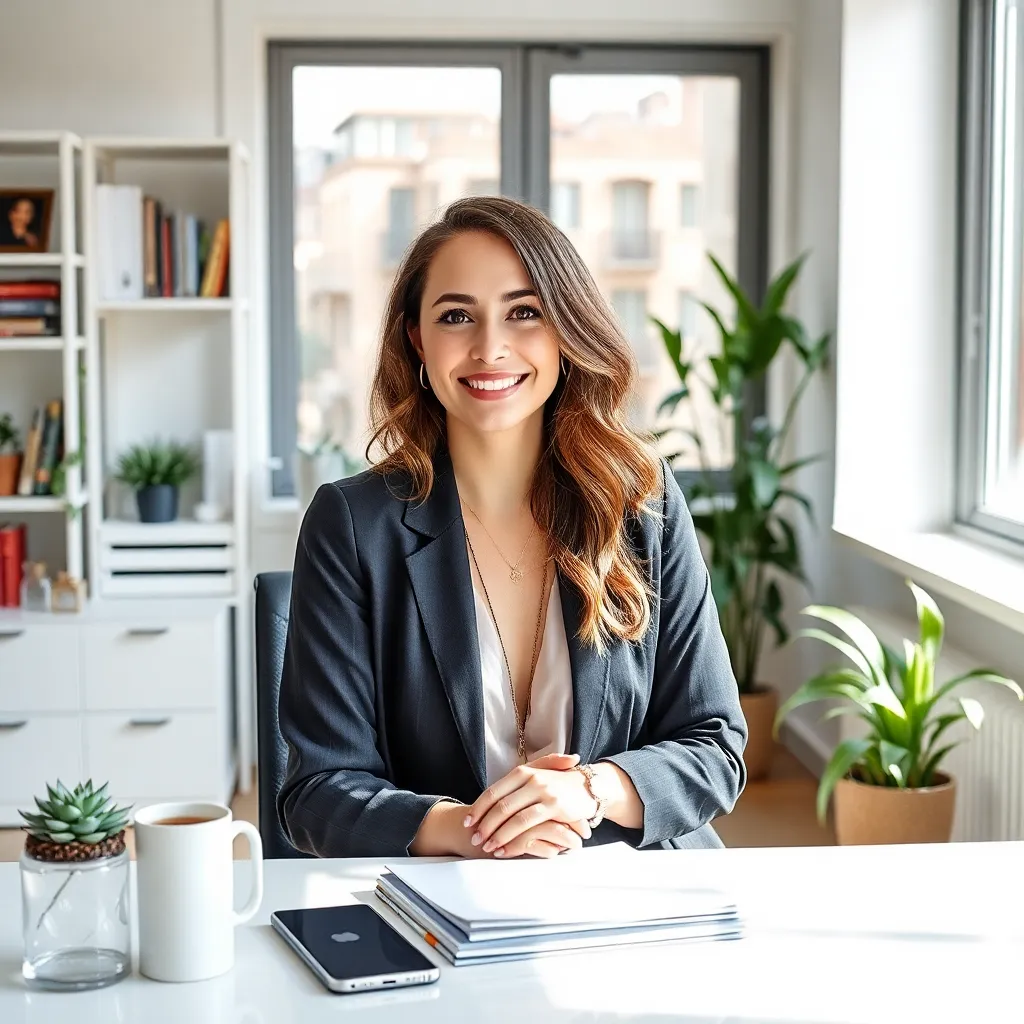 Woman smiling at a desk with a mug and notebooks in a bright office, illustrating how to create a life you love
