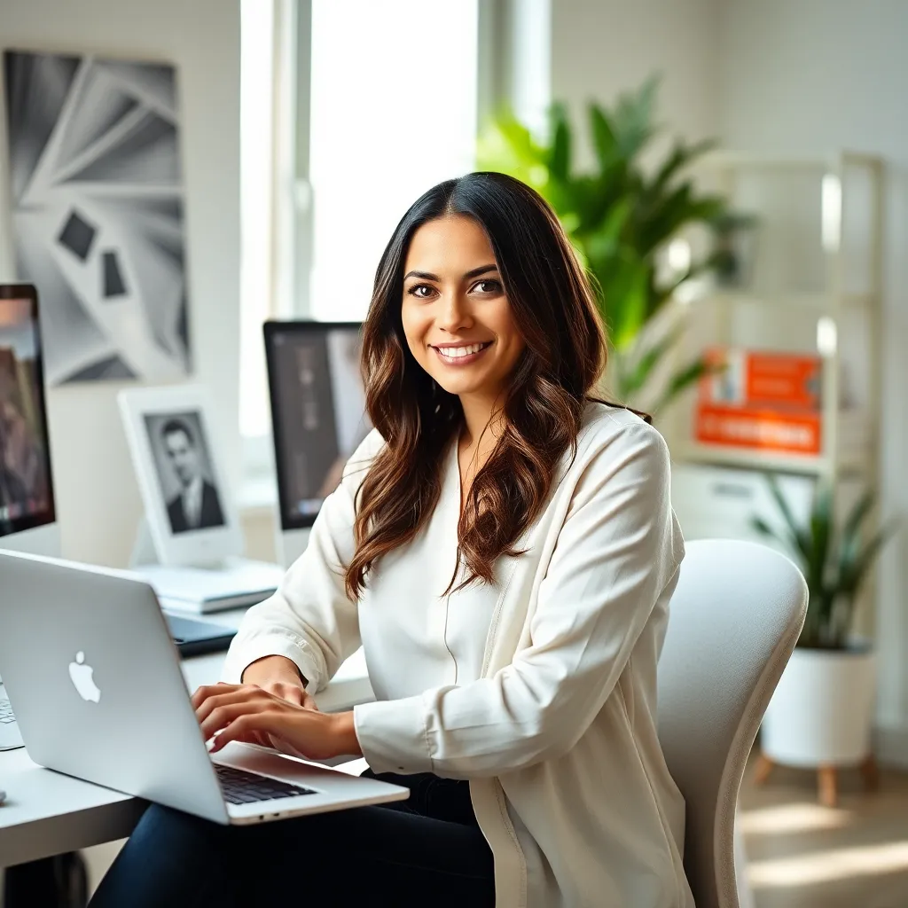 Woman typing at a laptop in a modern white office with plants, illustrating how to drive blog traffic with Pinterest