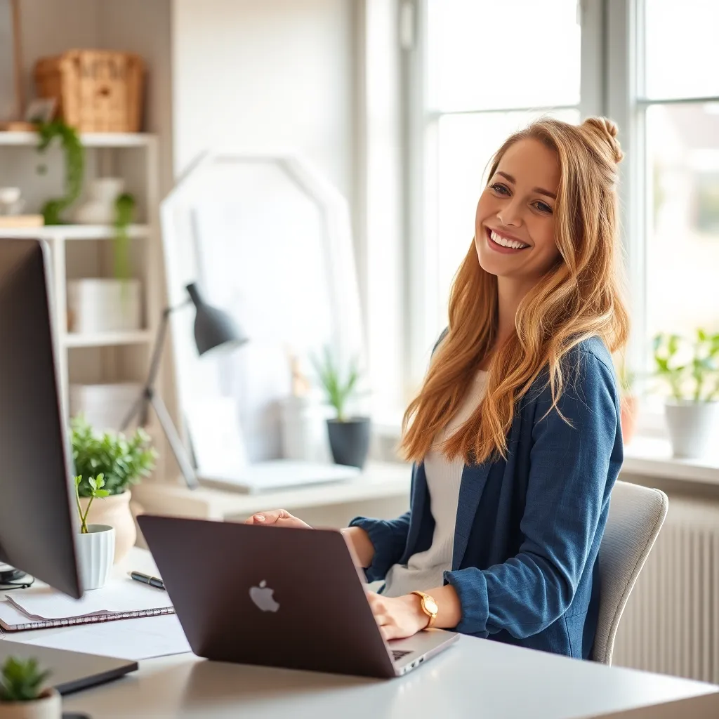 Woman working at a laptop beside a mirror and plants, illustrating daily habits of successful and happy people