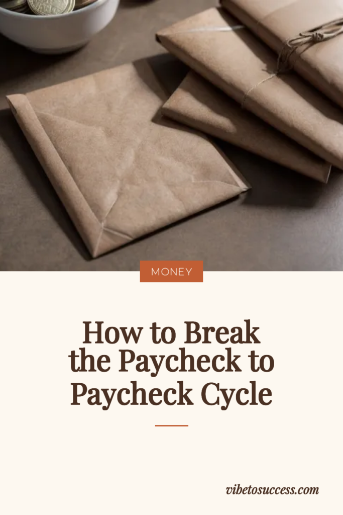 Brown paper budgeting envelopes on a wooden table, illustrating how to break the paycheck to paycheck cycle