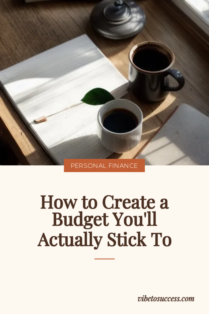Open notebook and a mug of black coffee on a sunlit wooden table, illustrating how to create a budget you will actually stick to