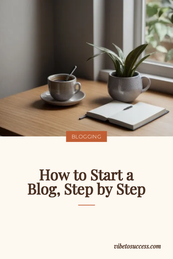 Open notebook, coffee and a plant on a sunlit wooden desk, illustrating how to start a blog step by step