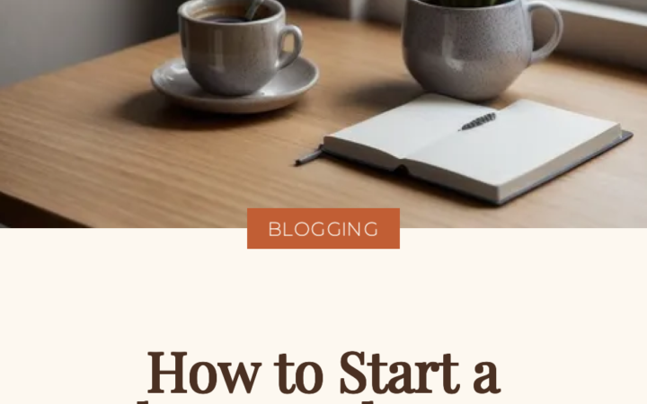 Open notebook, coffee and a plant on a sunlit wooden desk, illustrating how to start a blog step by step