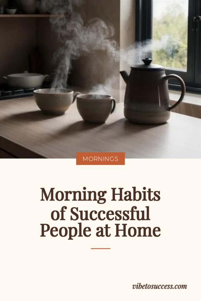 Steaming kettle and mug on a sunlit kitchen counter, illustrating morning habits of successful people at home