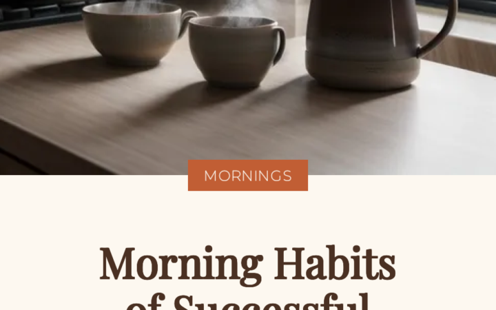 Steaming kettle and mug on a sunlit kitchen counter, illustrating morning habits of successful people at home
