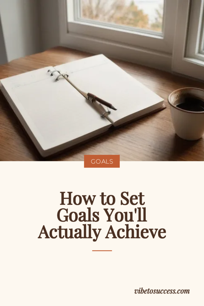 Open planner with a pen and coffee in morning light, illustrating how to set goals you will actually achieve